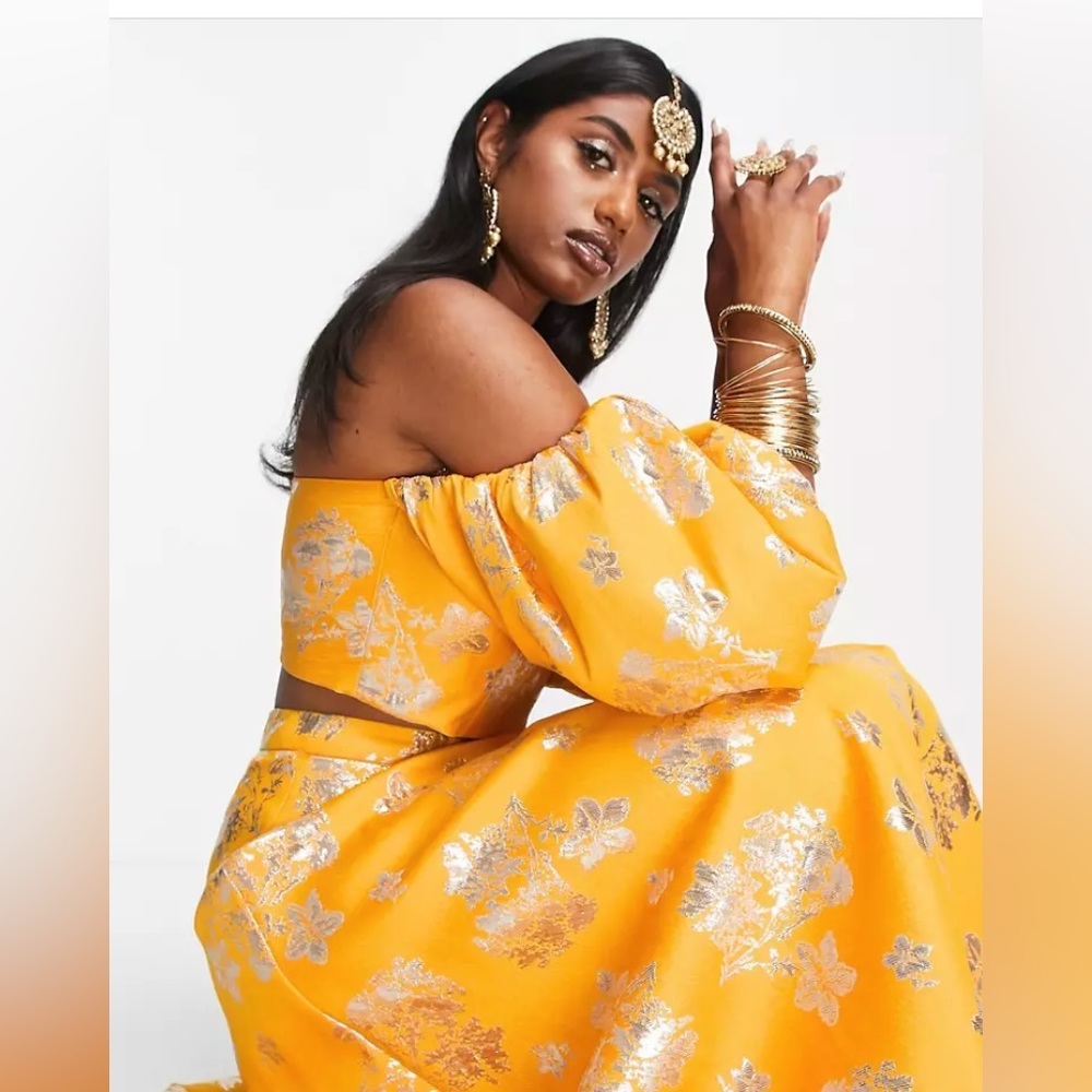 ASOS Design Floral Jacquard Lehenga Top and Skirt in Apricot